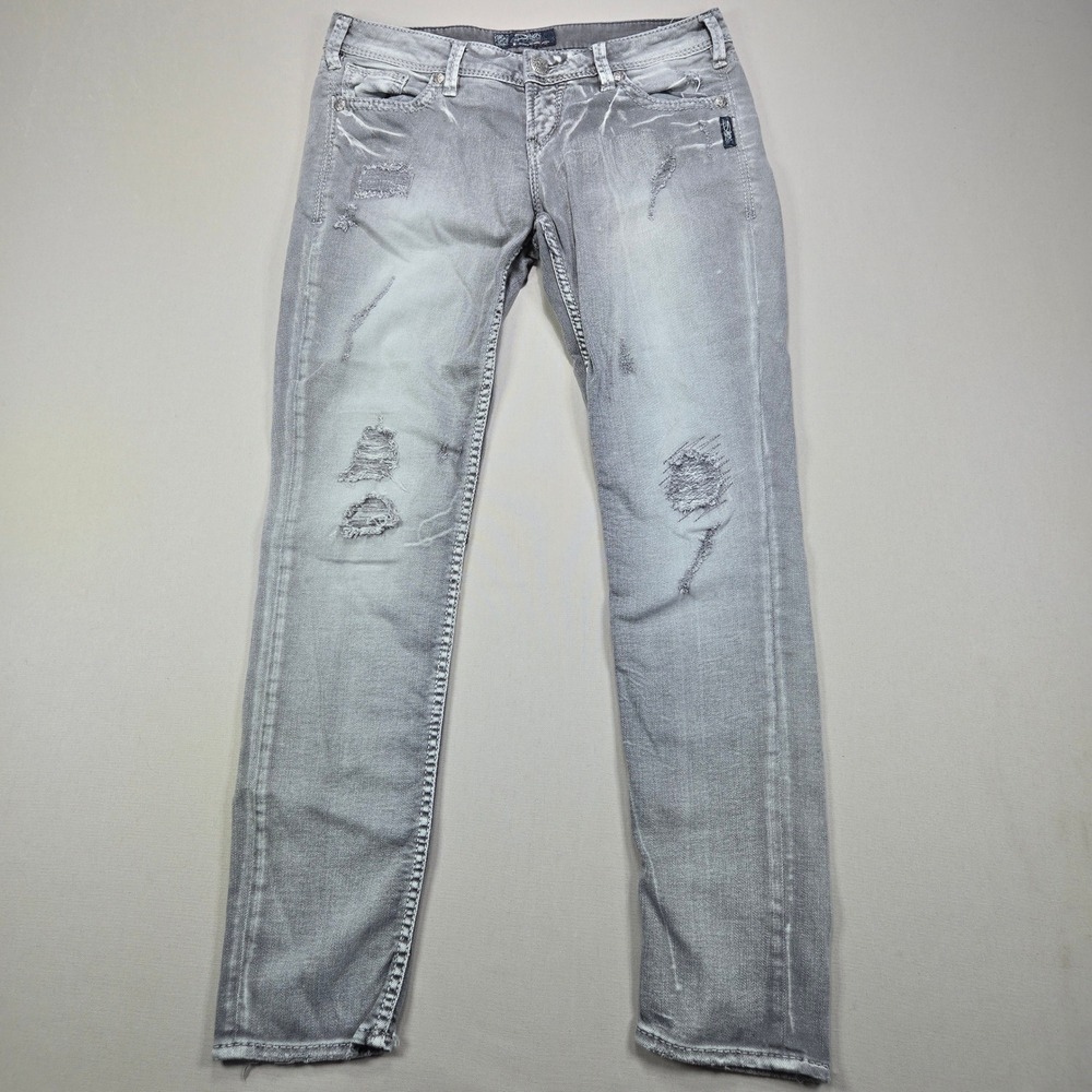 Silver Jeans‎ Co Aiko Skinny Grey Distressed Ripped Embroidered Jeans W29 L31